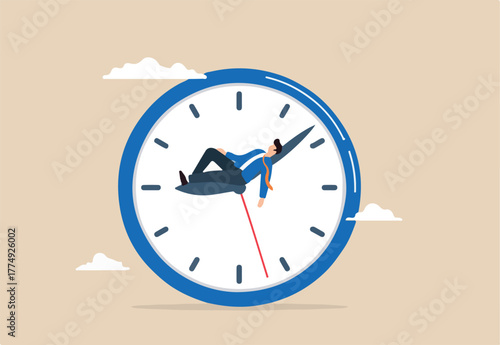 Lazy businessman sleeping atop running clock, illustrating wasted time, procrastination, or slow lifestyle. Concept of unwilling to work, low productivity or efficiency, no motivation, and tiredness