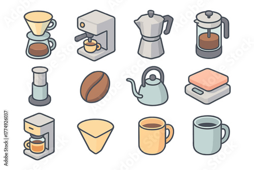 Modern coffee brewing equipment icons set in isometric style featuring various coffee makers and accessories