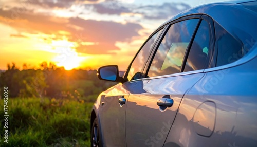 Automobile silhouetted against a radiant sunset landscape, capturing a scenic drive