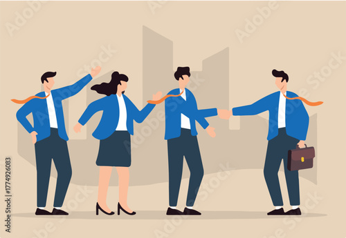 Flat illustration of businessman manager welcomes new staff with handshake introducing them to colleagues on their first day