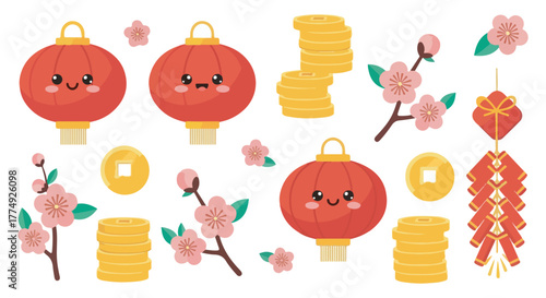 Illustration of Chinese New Year elements featuring red lanterns with faces, stacks of gold coins, plum blossoms, and firecrackers on a white background.