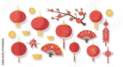 Festive illustration featuring various red lanterns, fans, and traditional decorations for a celebratory occasion.