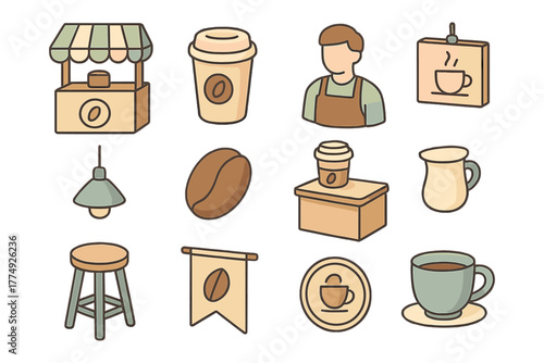 Flat coffee shop icons collection: cups, beans, barista, and decor elements