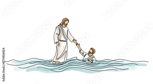 jesus Walking on Water: Figure Reaching Out to Sinking Peter. Minimalist One-Line Watercolor Vector Illustration.