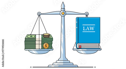 Illustration depicting a balance scale comparing money and a law book, symbolizing justice.