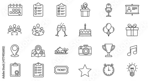 Set of outline icons related to event planning and organization, linear icon collection with editable stroke, vector illustration, ordered line icon set on a black background, perfect for