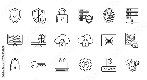 Set of line icons related to data protection and cybersecurity, including shields, locks, fingerprint, servers, clouds, computer monitors, keys, and privacy symbols, representing digital security and
