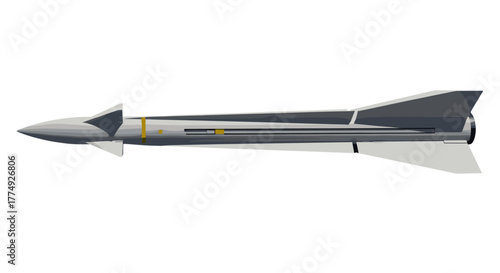 A detailed, realistic 3D render of a modern gray missile with yellow markings, isolated on a black background, showcasing its aerodynamic fins and pointed nose, perfect for military or