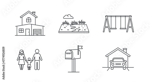 Set of suburban home icons in line art style, featuring a house with an attached garage, a backyard lawn with a path, a kids' swing set, a family silhouette, a mailbox, and a car parked in a garage
