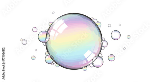 A cluster of iridescent soap bubbles, with a large central bubble displaying a rainbow of pastel colors and reflections, surrounded by smaller bubbles of various sizes against a stark black