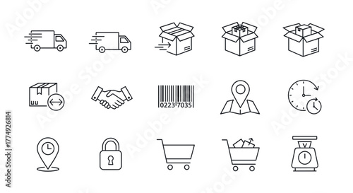 Comprehensive set of line icons representing package delivery and logistics, including trucks, boxes, barcodes, location pins, handshakes, clocks, shopping carts, and scales, all with editable