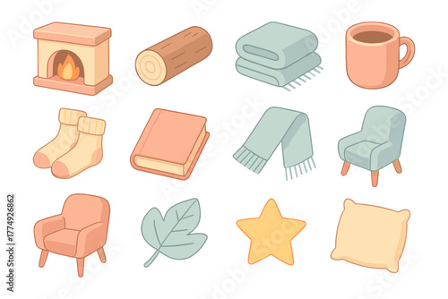 Cozy home essentials: pastel icons of comfort and warmth