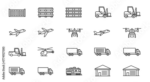 A comprehensive collection of commercial vehicle line icons, featuring essential elements for logistics and transportation, including shipping containers, pallets, forklifts, airplanes, drones