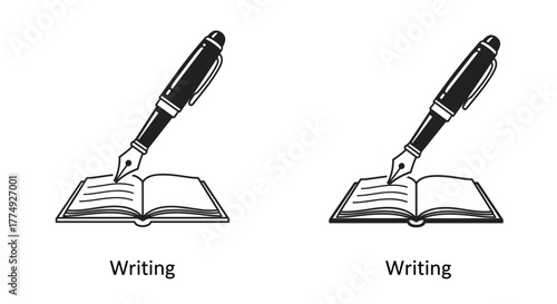 Elegant line art illustration of a fountain pen poised over an open book, symbolizing the act of writing, copywriting, creativity, and signature. This vector graphic captures the essence of