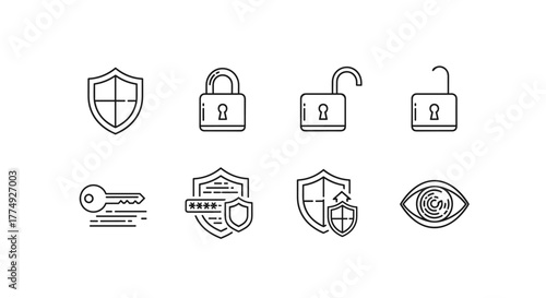 Cybersecurity icon set featuring a shield, padlocks (locked and unlocked), a key, password protection, data protection, and an eye with a fingerprint for access, presented as a clean, ordered line