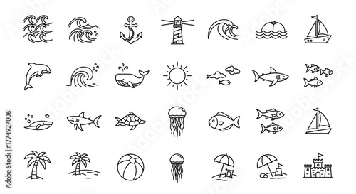 Collection of editable line icons representing the ocean and marine life, including sea creatures, beach elements, fish, and nautical symbols, presented as a clean, ordered set on a white background
