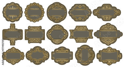 Collection of 15 elegant vintage labels and ornate frames in olive gray and gold, featuring classic decorative borders perfect for handmade branding, organic products, and sophisticated graphic