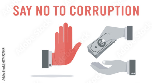 Illustration depicting a hand stopping money from being transferred, symbolizing the fight against corruption.