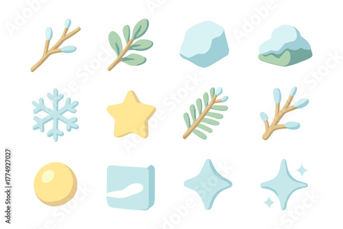 Winter icons set: minimalist symbols of snowflakes, stars, and nature elements
