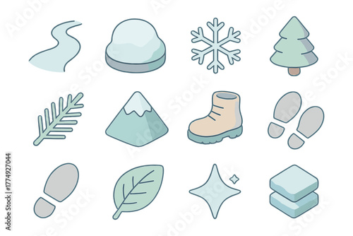 Winter elements icons set featuring snowflake, snowcap, tree, and winter boot