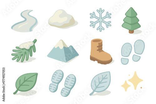 Winter adventure icons set featuring snowflake, mountain, and hiking gear