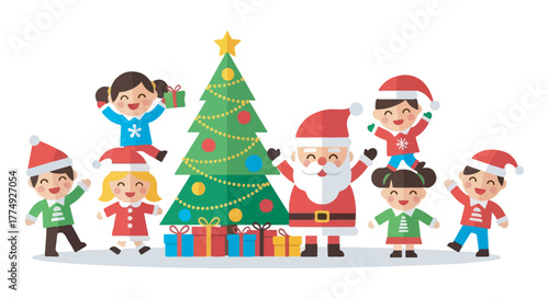 Cheerful Santa Claus surrounded by happy children celebrating Christmas with gifts.