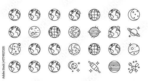 Modern Outline Style Icons of Globes and Planets, Featuring Earth, Moon, Saturn, and Jupiter, Perfect for Design, Cards, Apps, and Social Networks, Presented as a Vector Cartoon Illustration on a