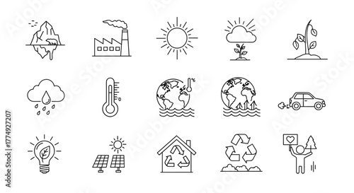 Global warming minimalistic line icons set, representing environmental issues like melting icebergs, industrial pollution, extreme weather, deforestation, and climate change effects, suitable for web
