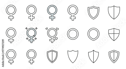 Collection of Female Symbols and Shield Icons, Isolated on a White Background, Perfect for Web Sites, Books, Cards, and Apps. This Vector Cartoon Illustration Features a Set of Diverse Symbols