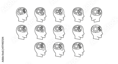 A seamless pattern of simple line art icons depicting a human head profile with interlocking gears inside, symbolizing thought processes, ideas, and mechanical thinking, presented on a stark black
