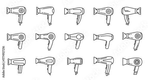 Collection of outline linear icons representing various hair dryers, perfect for graphic and web design, apps, adverts, and various cards. This vector cartoon illustration features a clean white