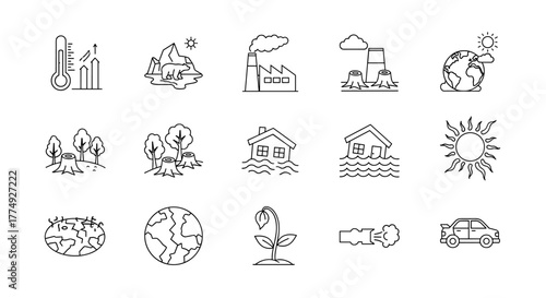 Collection of outline icons representing global warming and environmental issues, including a thermometer, melting ice, factories, floods, drought, and pollution, suitable for graphic design, web