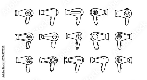 A collection of diverse line art icons representing hair dryers, presented in a clean and organized manner, perfect for web, print, and digital applications, offering a versatile visual asset for