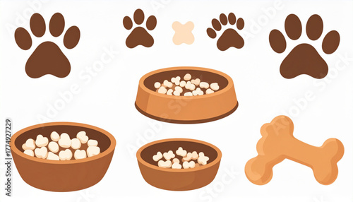 Flat Pet Care Icons: Paw Print, Bone, Bowl in Warm Tones