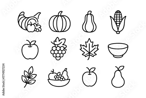 Autumn harvest icons collection featuring pumpkins, fruits, and leaves in linear style