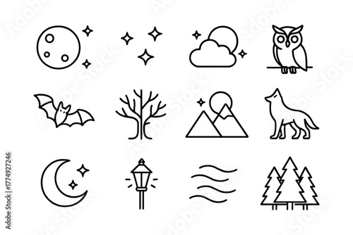 Linear nature and wildlife icons featuring nighttime elements and animals