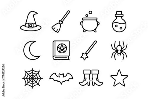 Halloween icon set: witchcraft and spooky symbols in line art style