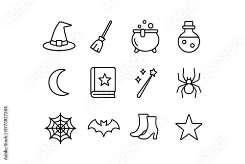Halloween line icons collection: witch hat, broom, cauldron, magic wand, and more