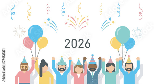 Group of diverse people celebrating the year 2026 with balloons, party hats, confetti, and fireworks on a white background.