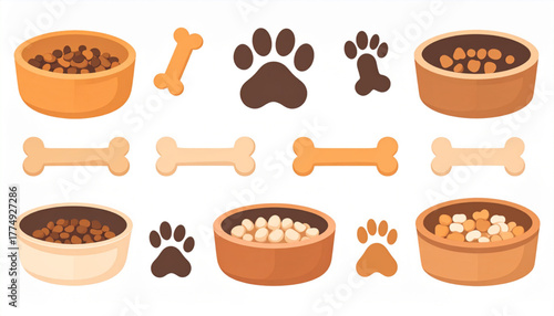 Flat Pet Care Icons: Paw Print, Bone, Bowl in Warm Tones