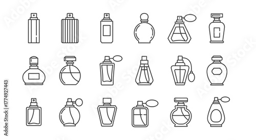 A minimalist collection of line icons representing various perfume bottles, presented in a clean, outline style. This set includes diverse shapes and designs, perfect for web and graphic design