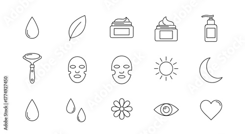 A collection of minimalist thin line icons representing skincare and beauty essentials, including water drops, a leaf, cream jars, a pump bottle, a facial roller, sheet masks, sun and moon symbols, a