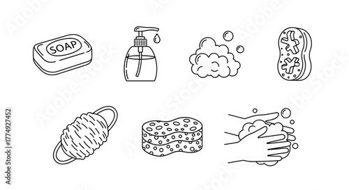 Set of hygiene and cleaning icons in outline style, including a bar of soap, liquid soap dispenser, soap bubbles, loofah, sponge, and hands washing with soap and water, perfect for graphic and web