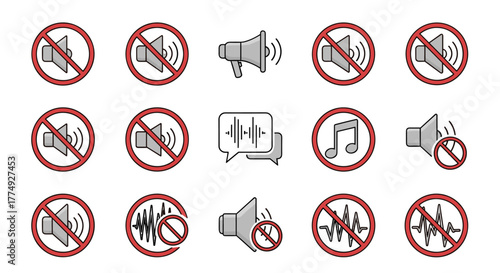 Collection of vector cartoon illustrations depicting various prohibited speaker signs, including muted speakers, sound waves with prohibition symbols, a megaphone with a prohibition symbol, and a