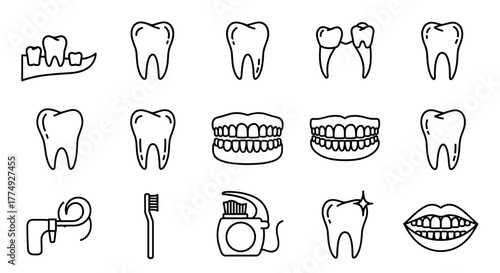 Modern outline style vector icons set representing teeth, dental care, and oral hygiene, perfect for design elements in cards, apps, and social networks, presented as a clean cartoon illustration on