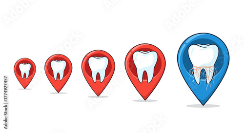A sequence of five map pin icons, each containing a stylized tooth, arranged in ascending size from left to right against a black background. The first four pins are red and show healthy teeth, while