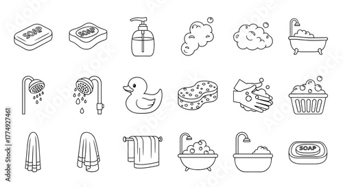 Set of outline icons for graphic and web design, apps, adverts, and various cards, featuring a cartoon illustration of bathing and hygiene elements like soap, shower, rubber duck, sponge, towels, and
