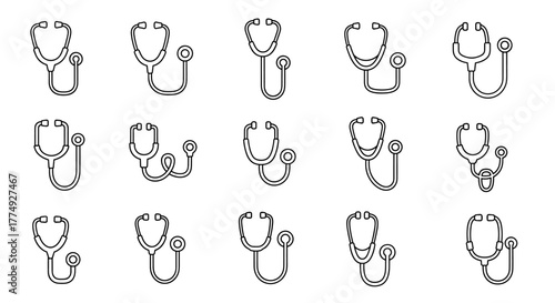 Collection of simple, linear, outline stethoscopes, editable stroke, suitable for web sites, books, cards, apps, vector cartoon illustration with a white background. This set of medical icons