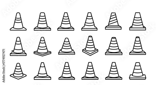 Collection of Traffic Cone Outline Icons with Editable Stroke, Perfect for Infographics, Articles, Books, Flyers, Banners, and Vector Cartoon Illustrations, Versatile Design Elements for Safety and