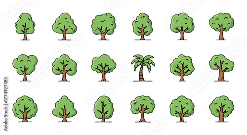 Set of 15 stylized, flat design tree icons with a clean, modern aesthetic, featuring a variety of deciduous and palm trees in vibrant green hues and brown trunks, perfect for nature, ecology, and